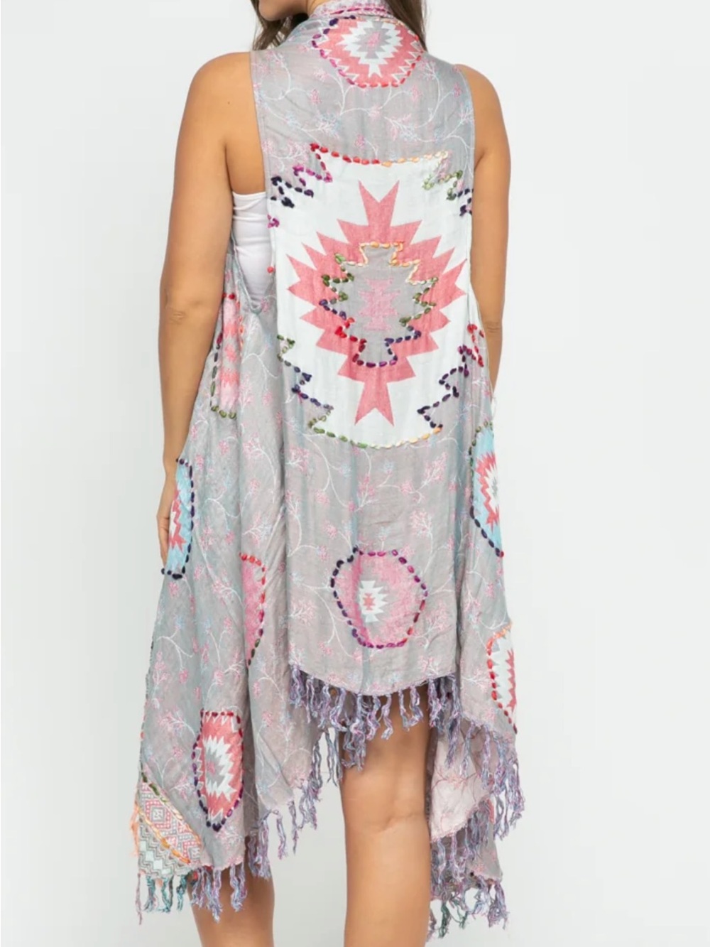 Raj Bohemian High-Low Kimono in Light Gray with Pink Accents